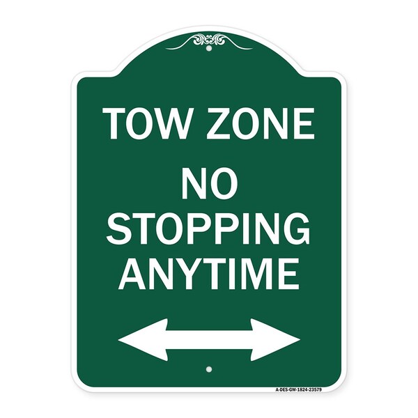 No Stopping Anytime W/ Bi-Directional Arrow, Green & White Aluminum Sign, 18" x 24", GW-1824-23579